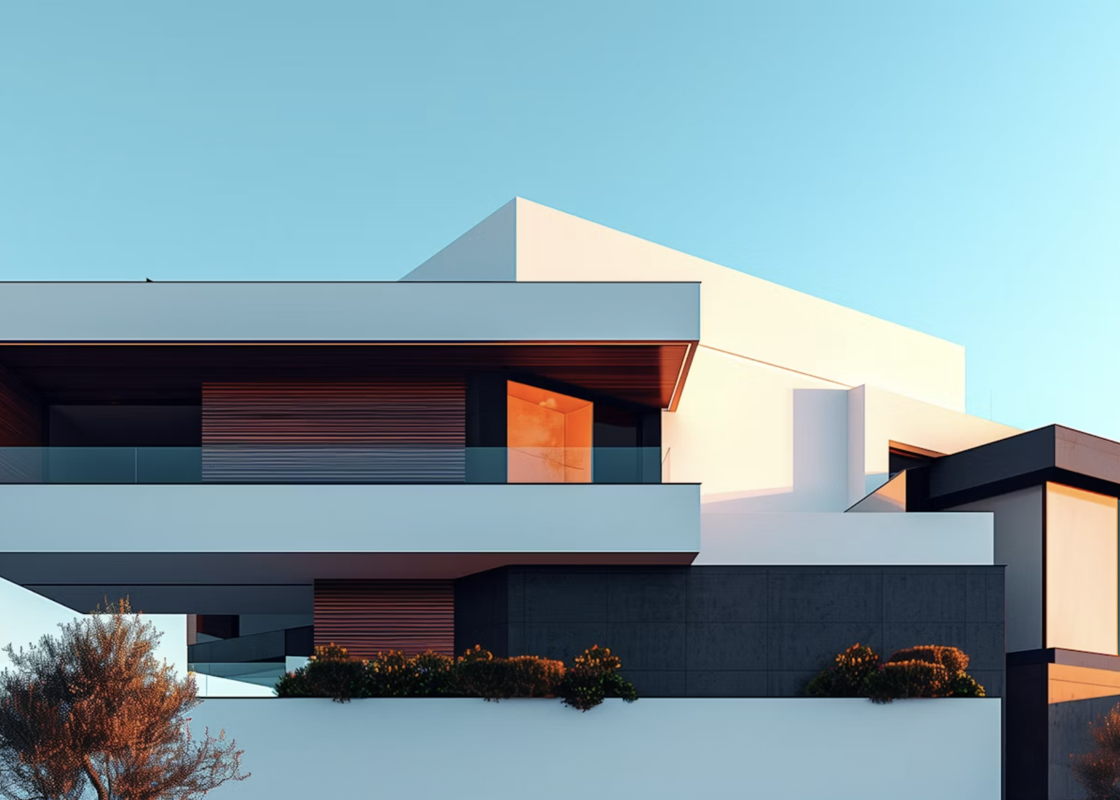 Modern house with cantilevered balconies at golden hour